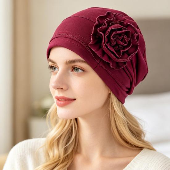Turban Hat for Women, Side Flower Decor Head Wrap, Pure Color High Elasticity Turban Cap for Sensitive Scalp Postpartum Care Sleep
