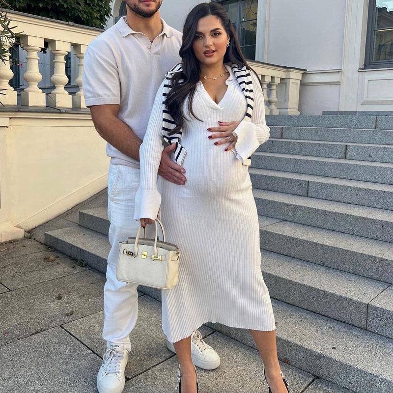 Vit stickad klänning med hög midja Mode kvinnor Ribbslagsslag Höst 2023 Smal Elegant Lång Klänning Casual Stickad Solid Festklänning