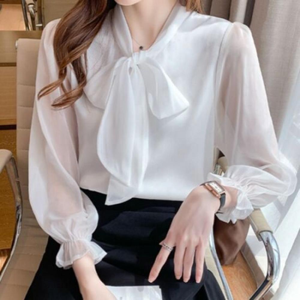 Navava Romantic Sheer Ribbon Neck Long Sleeve Blouse Nb1944