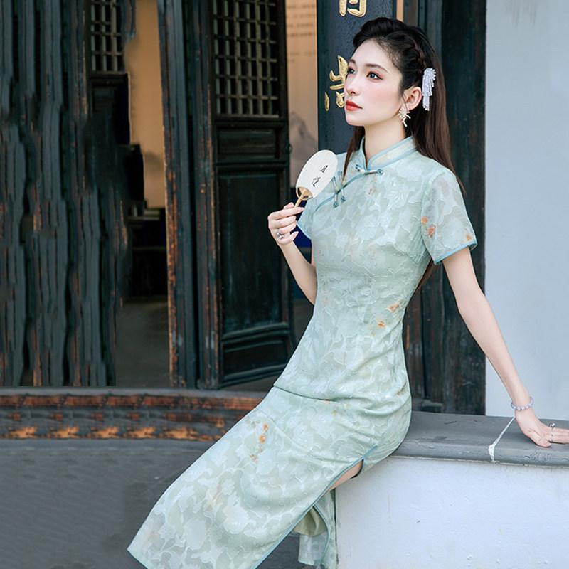 Estilo nacional verde, novo cheongsam longo estilo chinês Suzhou, melhorado jovem 1011 novo senso de alta qualidade feminino, uso diário