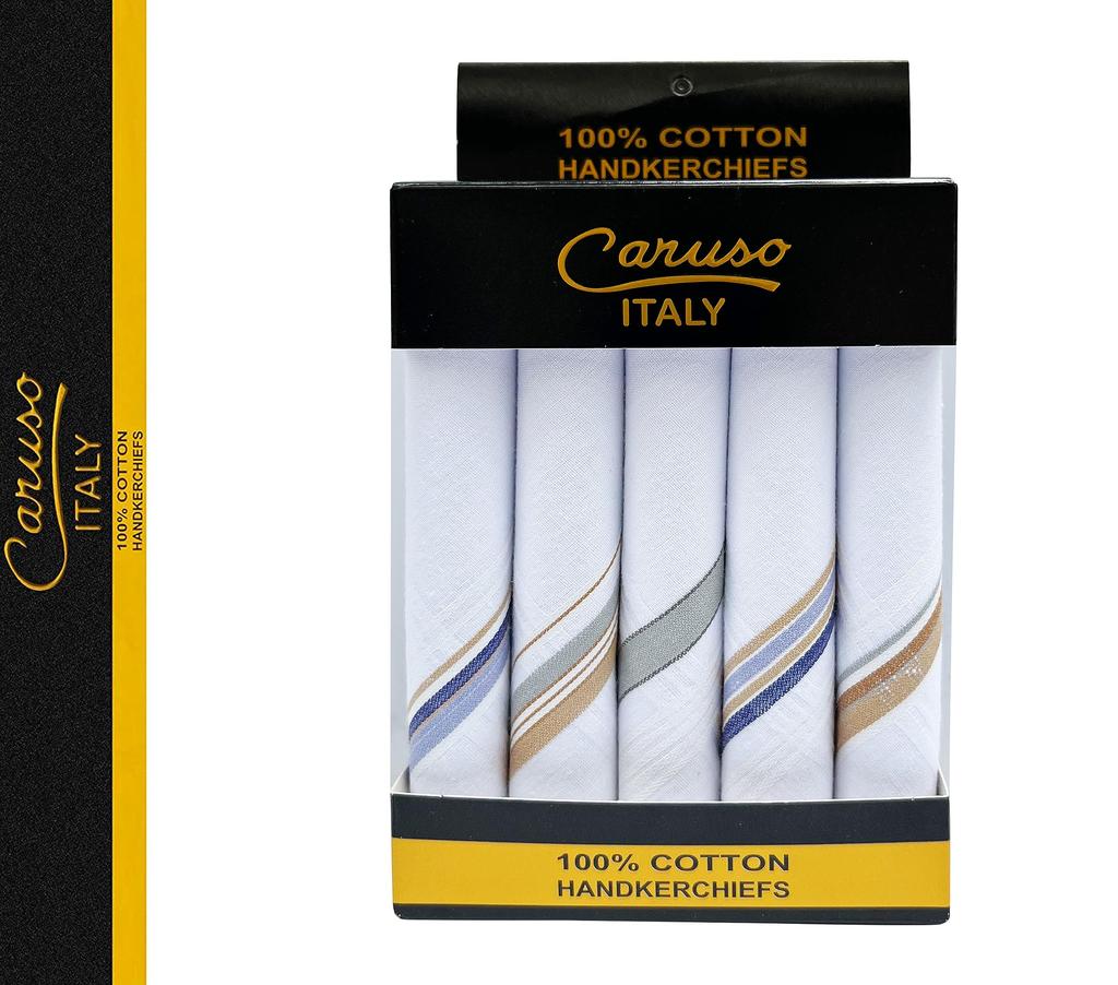 Caruso Italy Men's Premium 100% Pure Cotton Handkerchiefs with Base Color Border - 5-Pack, One Size Fits Most, White