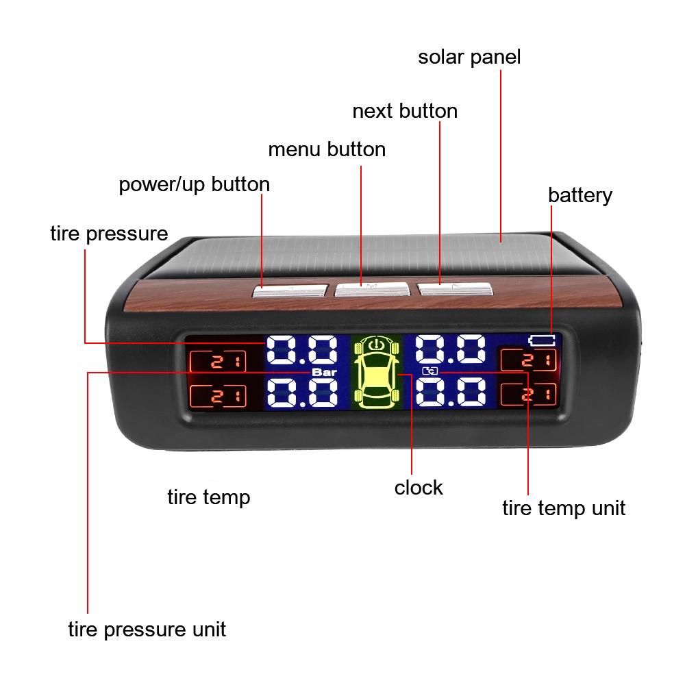 Car Tire Pressure Monitoring System Tyre Pressure Alarm T12 0-3.5Bar Solar USB TPMS With 4 External Sensors