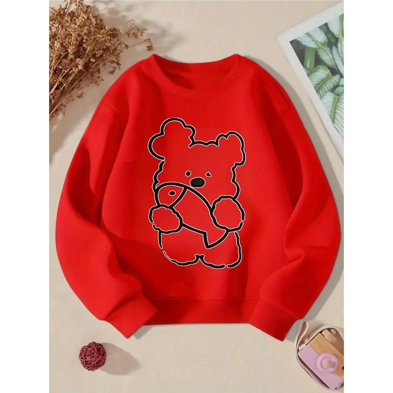 Girls' Crewneck Sweatshirt - Cute Bear with Pompoms And Glasses Machine Washable, Spring And Autumn
