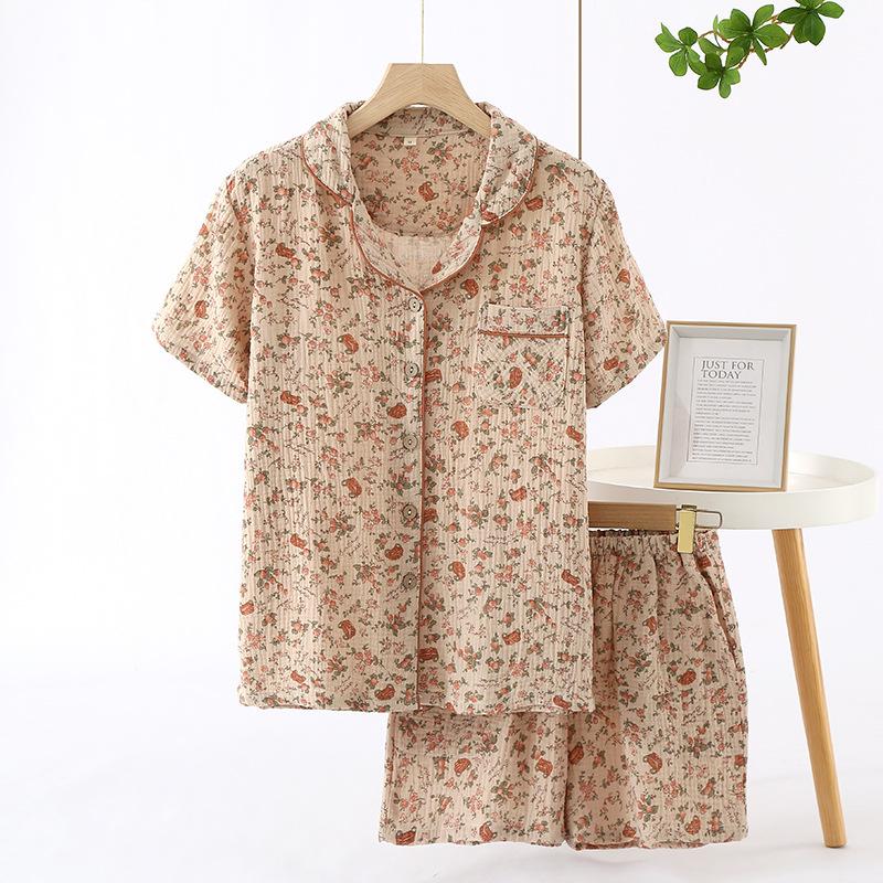 Pajamas Women's Pure Cotton, Summer Thin Double-layer Cotton Yarn Crepe Cotton Short-sleeved Shorts Loungewear Set
