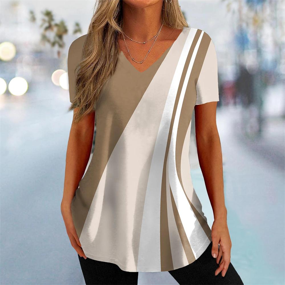 Tricou nou pentru femei, cu imprimeu curbat, cu decolteu în V, îmbrăcăminte de stradă, îmbrăcăminte pentru femei, ocazional vară, cu mânecă scurtă, pulover, tricou pentru femei