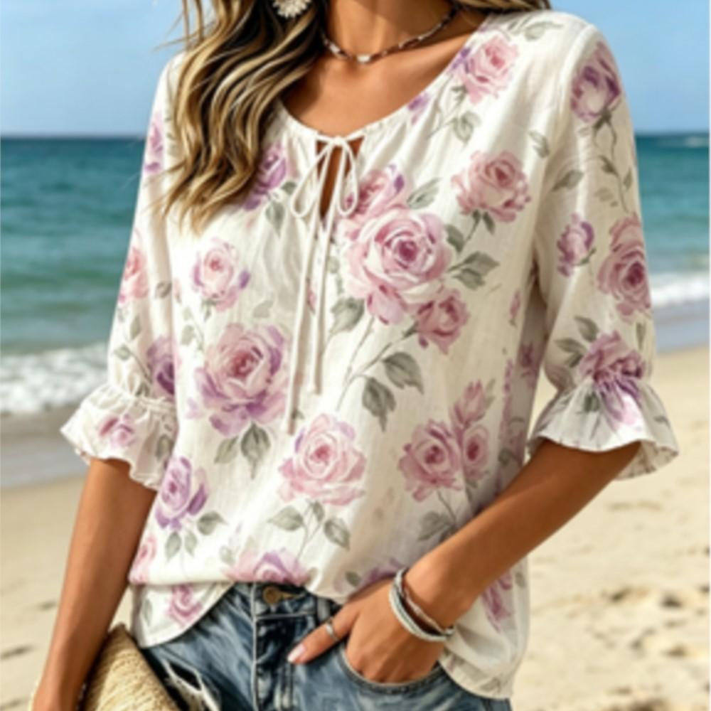 Women's Watercolor Purple Rose Floral Print Tie Neck Ruffle 3/4 Sleeve Soft Romantic Loose Casual Daily Blouse