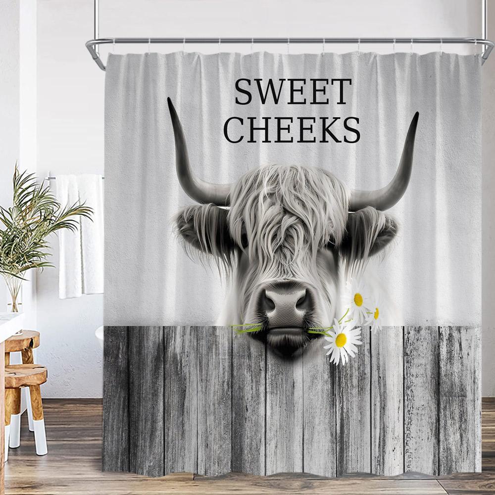 Highland Cow Farmhouse Shower Curtain Funny Farm Animal Flower Wooden Plank Bathroom Decor Vintage Polyester Fabric Bath Curtain