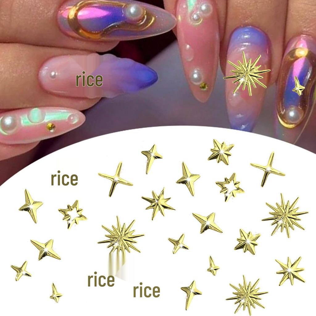 Gold & Silver Starburst Nail Art Set: Cross, Rivets & Lightning Elements