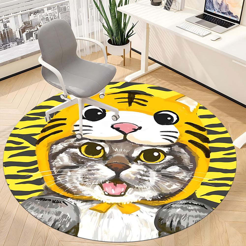 1PC Tiger Cat Office Round Area Rug,  Mat Suitable ForOffice, Under Office Chairs Bedroom Living Room Home Decor, Room Deco
