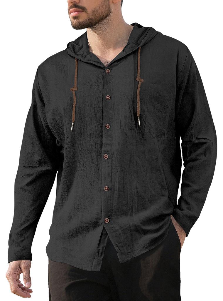 Men's 100% Cotton Hooded Drawstring Shirt, Solid Color Loose Fit Long Sleeve Casual Beach Overshirt for Men