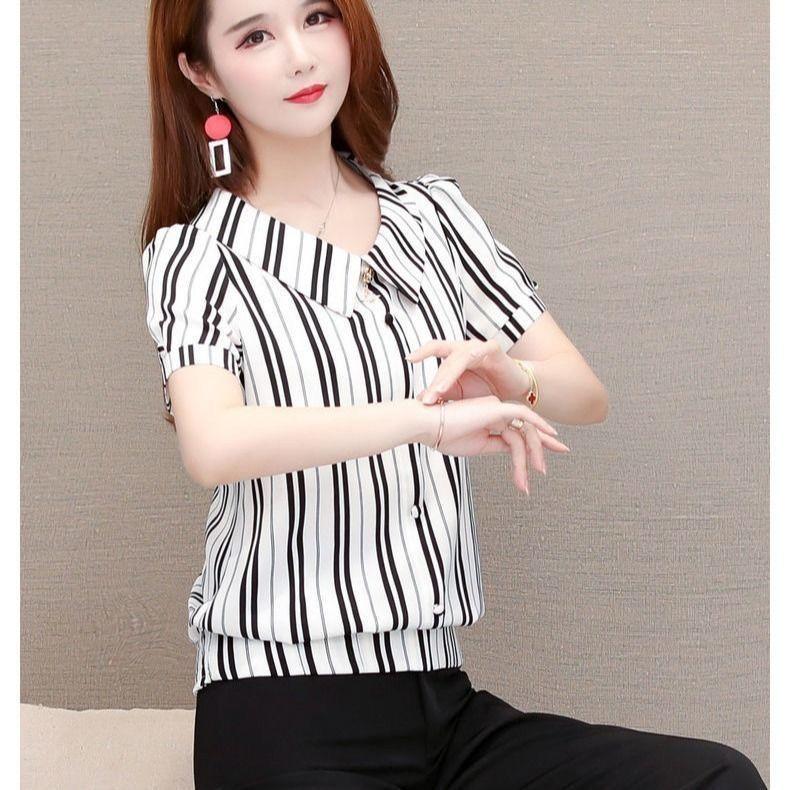 Versiunea coreeană cămașă cu dungi cu mâneci scurte bluză cu gât de păpușă cu fundul vară nou Top M-3XL