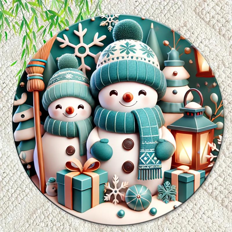 pc Blue Snowman Brothers Round Iron Sign Vintage Christmas Decoration with Cheerful Snowmen Teal White Striped Hats