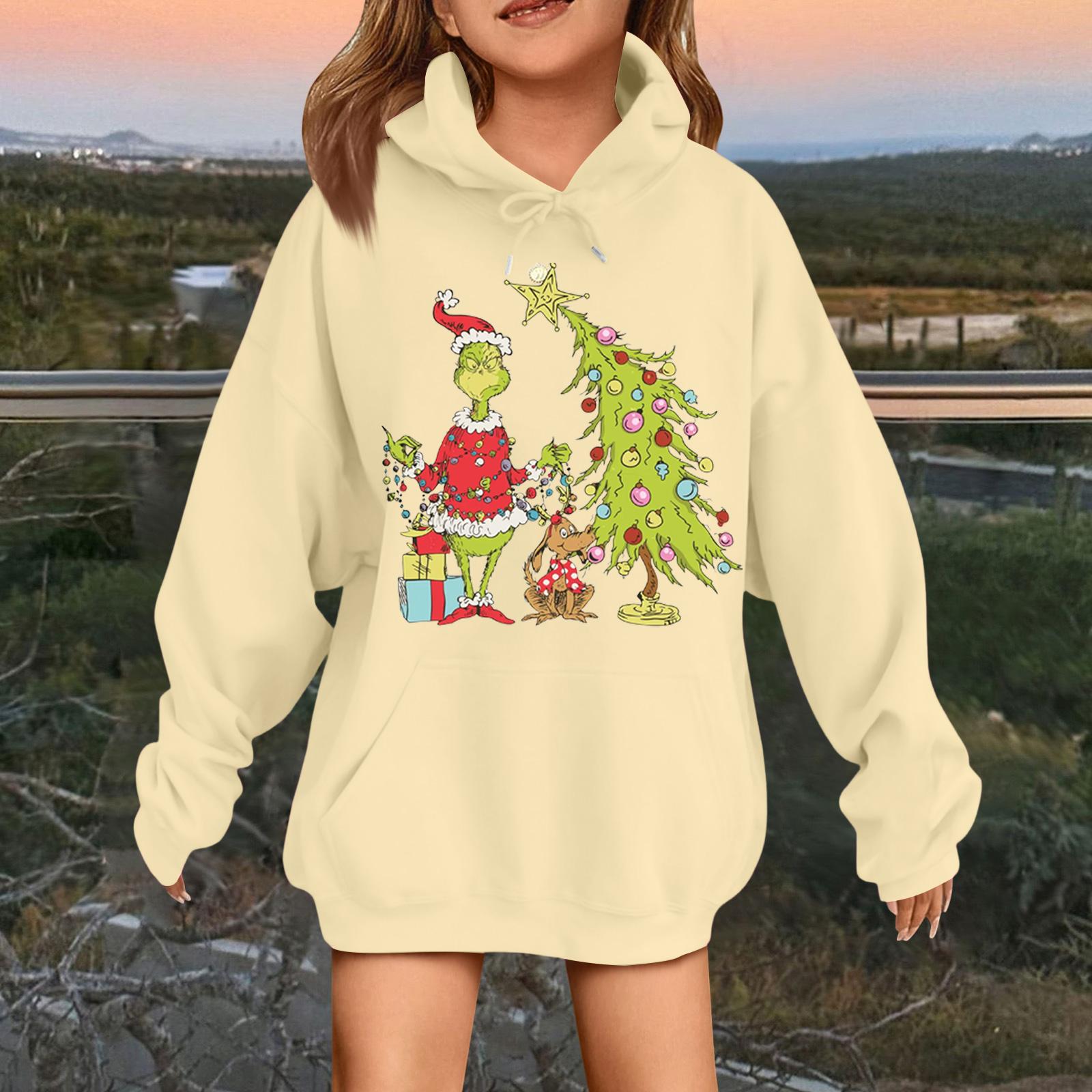 

Children s Fashionable Casual Long-sleeved Loose Christmas Print Pullover Hooded Sweatshirt 160 хаки