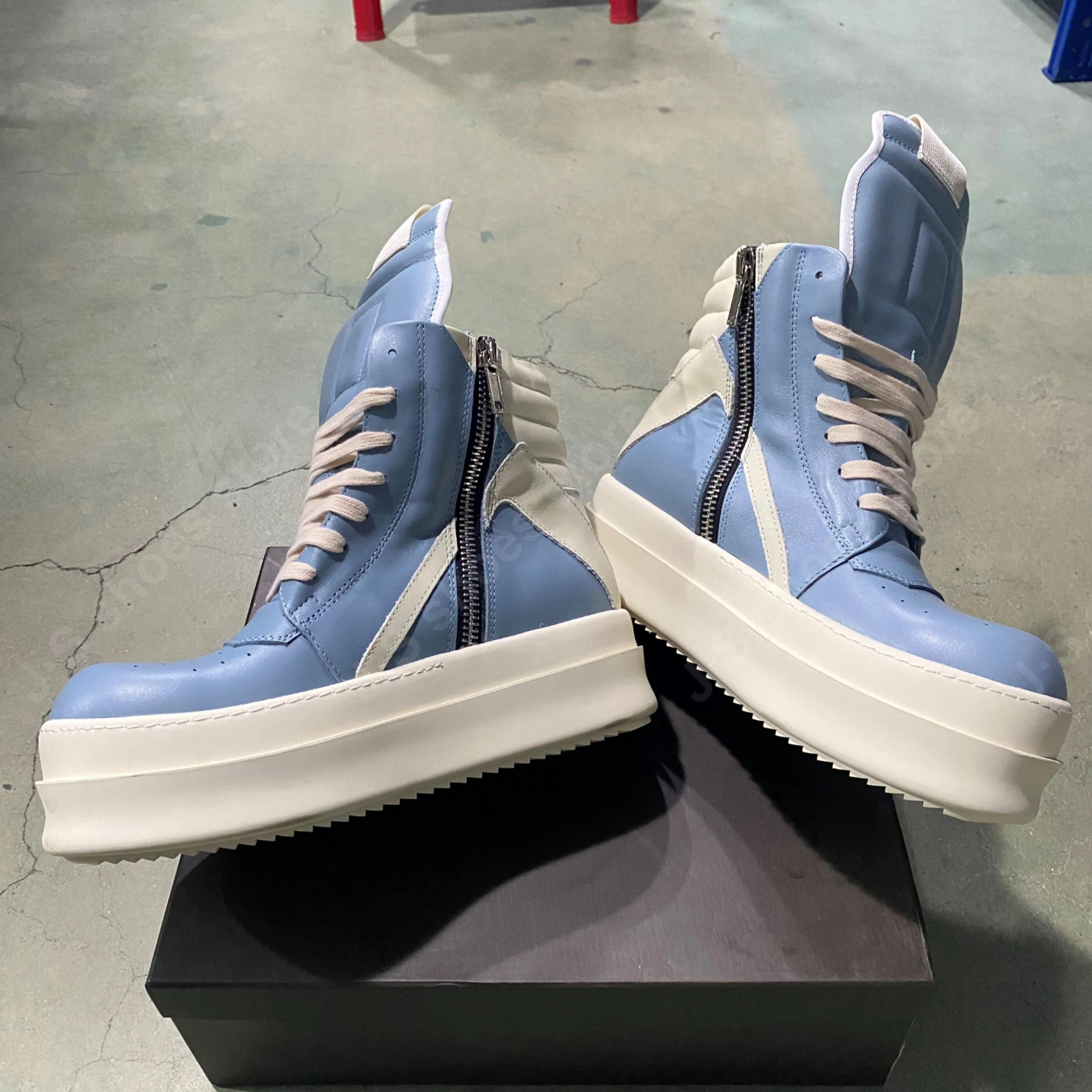 

R-o Designer Boots Men Sneaker Light Blue Leather Ankle Boot Lace Up Zipper Platform 6cm Thick Sole Women High Top Casual Shoe 35