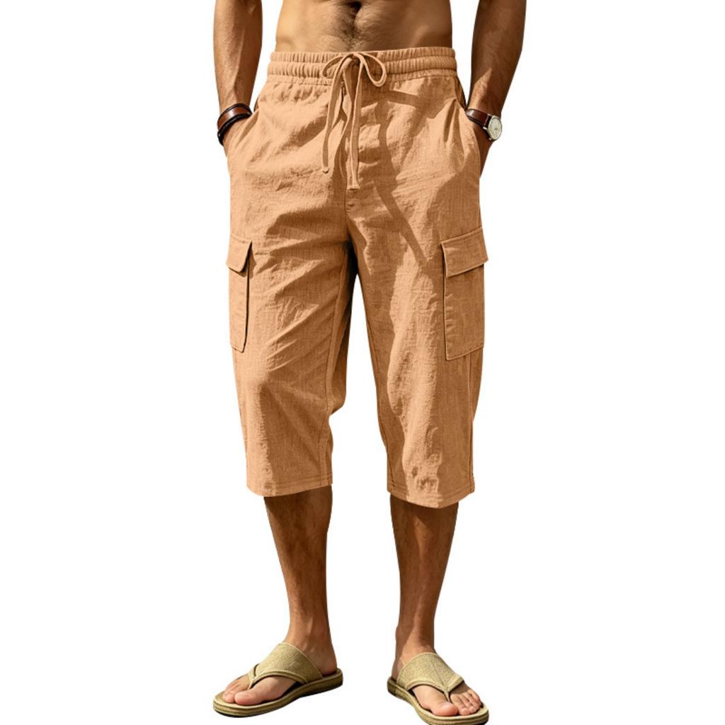 Men Linen Casual Outdoor Cargo Seven Shorts Multi Pocket Loose Fit Lightweight Drawstring Waist