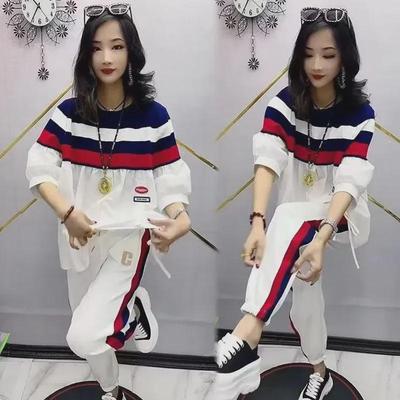 Summer Women's Striped Two-Piece Sports Suit: Loose Half-Sleeve Pleated Top & Ankle-Length Pants
