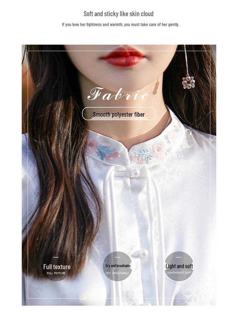 Damen Satin Stickerei Chinesischer Stil Hemd mit Stehkragen und elegantem Druck