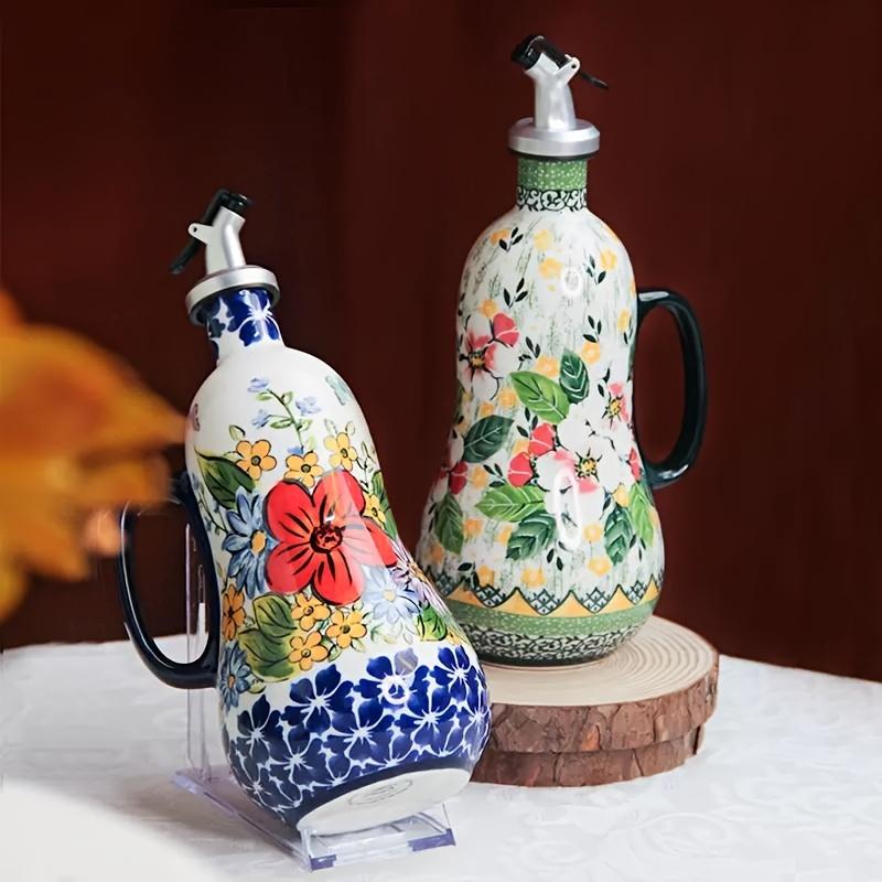 1pc Large Capacity Ceramic Oil Pot, Hand Painted Olive Oil Pump with Handle, Elegant Floral Design, Kitchen Accessories and Decoration for Home