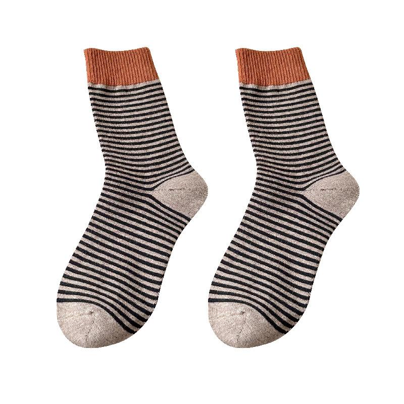 Women's Spring and Summer Striped Thickened Warm Mid-calf Socks, Trendy and Versatile Pile Socks, Anti-odor Cotton Socks