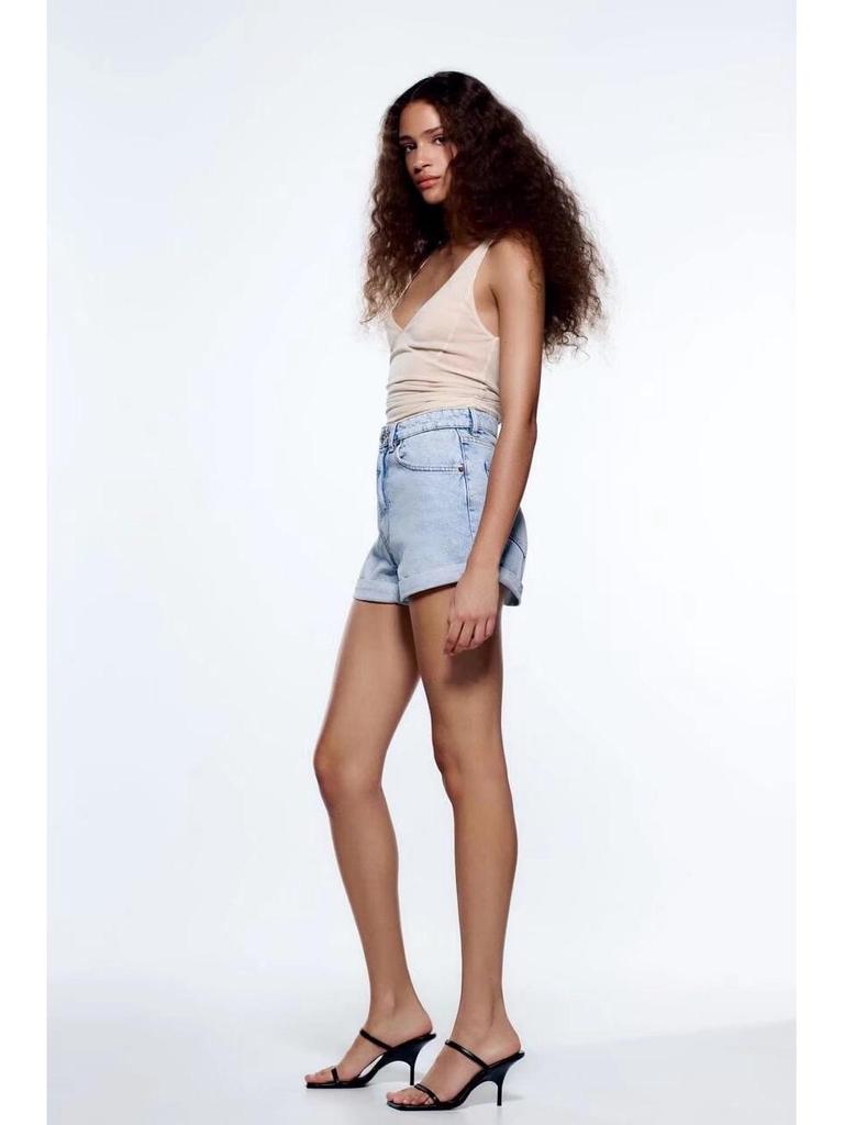 High-Waisted French Style Rolled Hem Denim Shorts