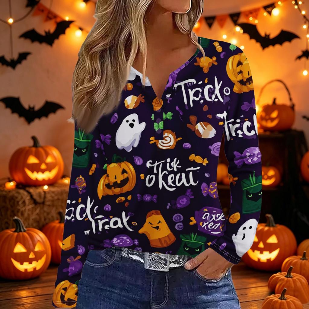 Womens Casual Halloween Print V Neck Long Sleeve Button Detail Top Lightweight Stretchy Fabric Comfortable Fit