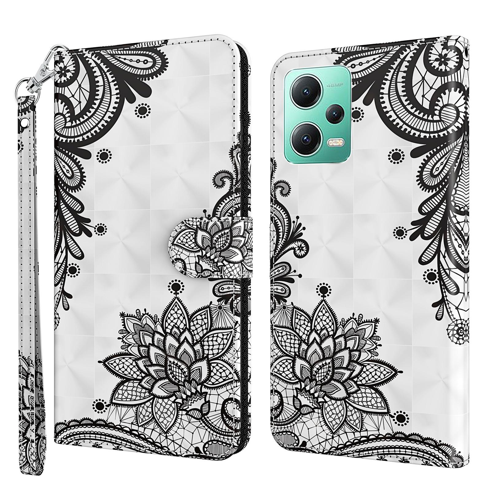 

For Xiaomi Redmi Note 12 5G (China)/(India)/(Global)/Poco X5 5G Leather Phone Case 3D Pattern Printing Stand Wallet Cover Lace Flower