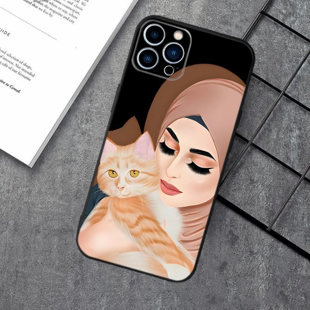 Muslim Arabic Hijab Girl Phone Case For Apple iPhone 15,14,13,12,11,XS,XR,X,8,7,Pro,Max,Plus,mini Silicone Black Cover