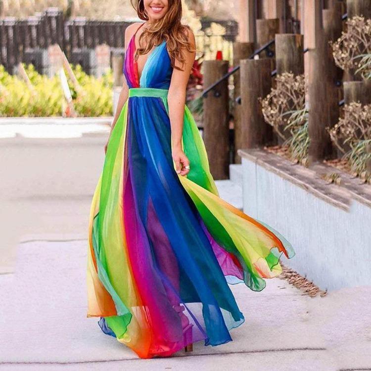 Deep V Halter Summer Casual Long Rainbow Dress Women