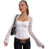 Women Fashion Square Collar Patchwork Lace Floral Print Long Sleeve Sexy Crop T-Shirt Sheer Summer Clothes Party Club