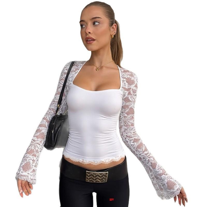 Women Fashion Square Collar Patchwork Lace Floral Print Long Sleeve Sexy Crop T-Shirt Sheer Summer Clothes Party Club