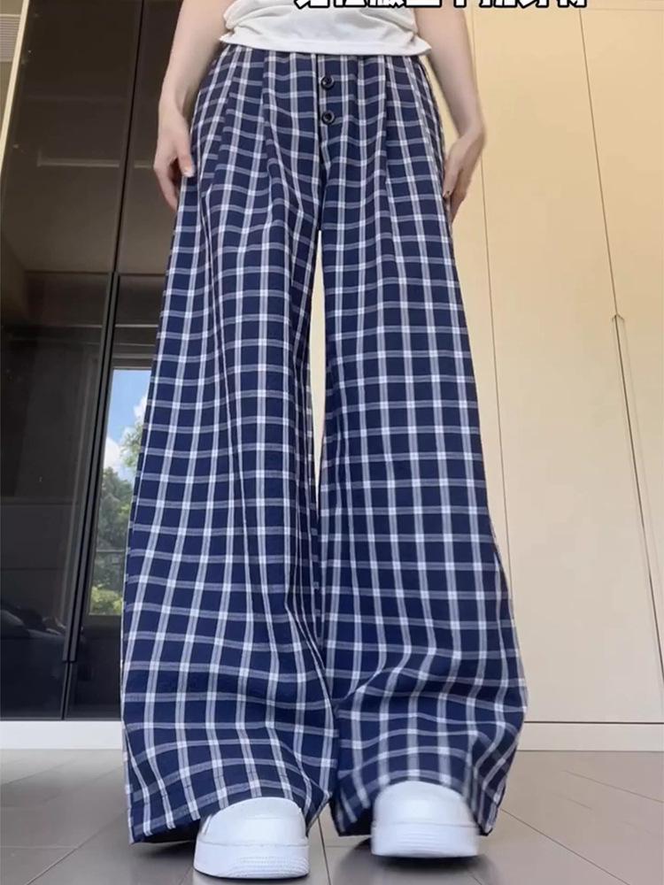 Women's Retro Plaid Wide-Leg High-Waisted Pants - Early Autumn Floor-Length Style