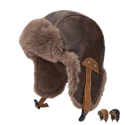 PU Pilot Bomber Hat Men Autumn Winter Warm Plush Thick Cycling Windproof Ear Protection Cap