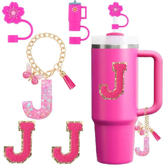 Cup Accessories Set for Stanley Cup 30oz 40oz tumbler with handle, Including Silicone Straw Topper Cover Cap, Handle Charm, Initials Sticker Fuchsia
