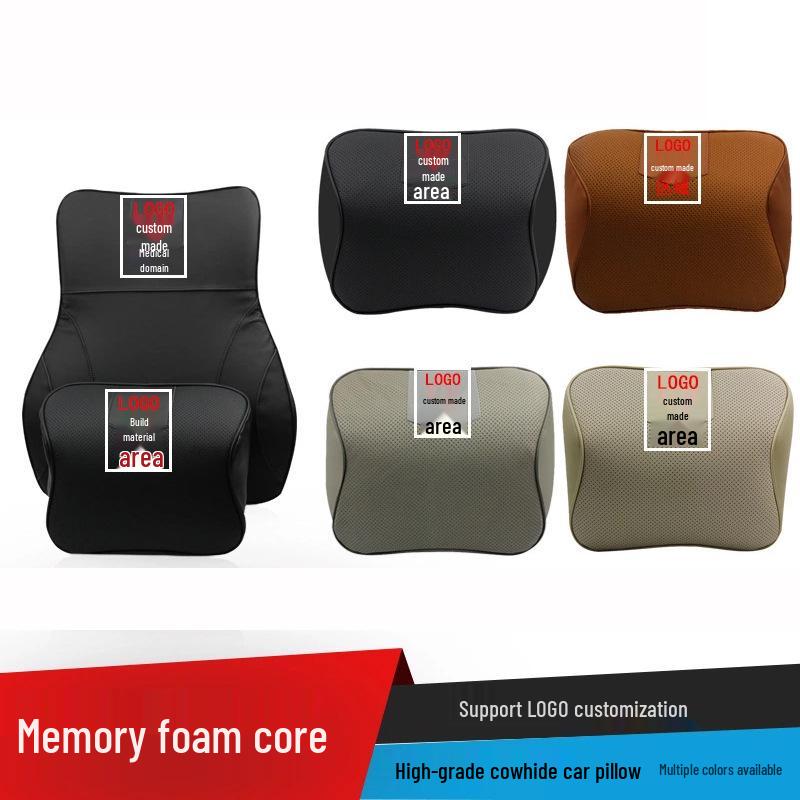 Lincoln Car Leather Neck Pillow & Lumbar Support - Customizable Logo, Memory Foam.
