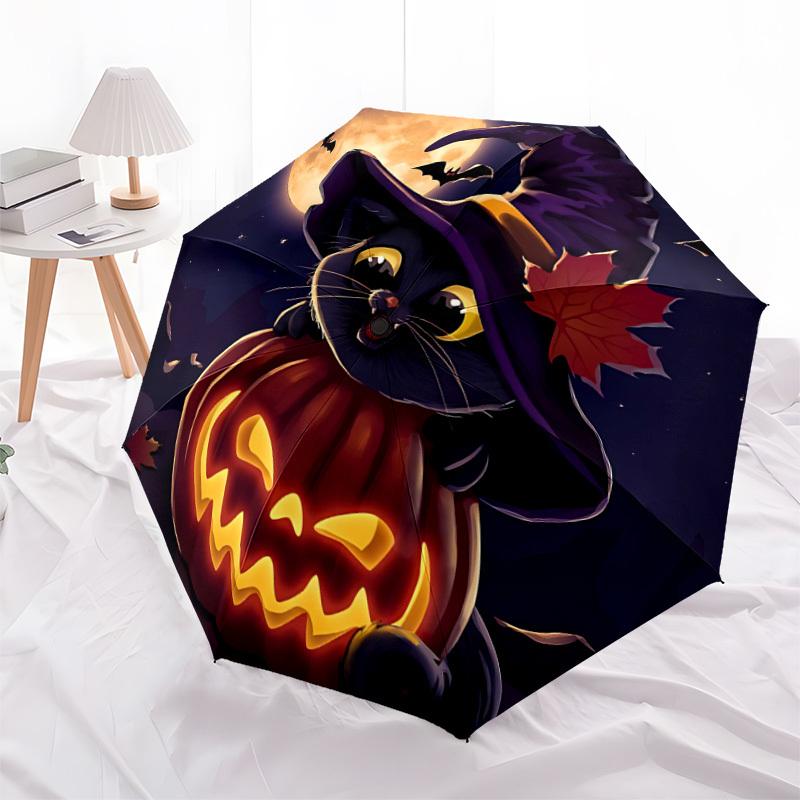 1pc Halloween Cat Automatic Folding Umbrella Portable Collapsible Umbrella for All Seasons, 8-Rib Durable Construction, Perfect Gift 076