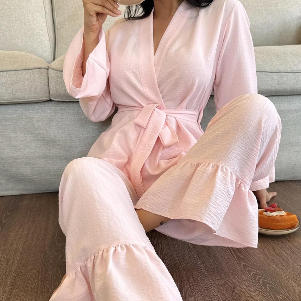 Women's Seersucker Cloud Cotton Pajama Set: Spring/Summer Solid Color Robe & Long Pants Two-Piece Sleepwear.