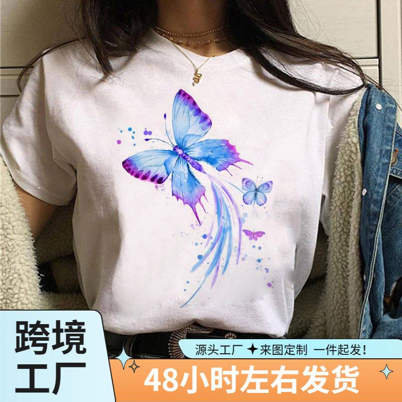Short Sleeve Summer Fashion Women's Clothing Beautiful Watercolor Butterfly Printing White Ladies Casual Loose Personality TT-shirt