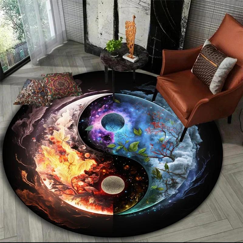 Mytická zvířata kulatý koberec – tygr, drak, lev se stromem života, fantasy koberec do obývacího pokoje, ložnice nebo meditačního prostoru