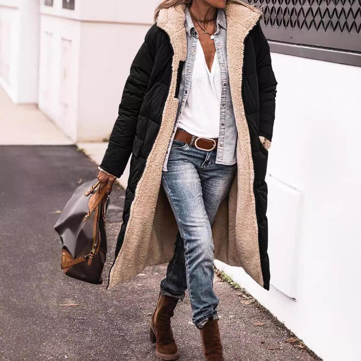 

Женское зимнее пальто с капюшоном, куртка-парка с длинным рукавом, теплая повседневная куртка из шерпы с флисовой подкладкой, ветрозащитная ветровка для женщин XL чёрный