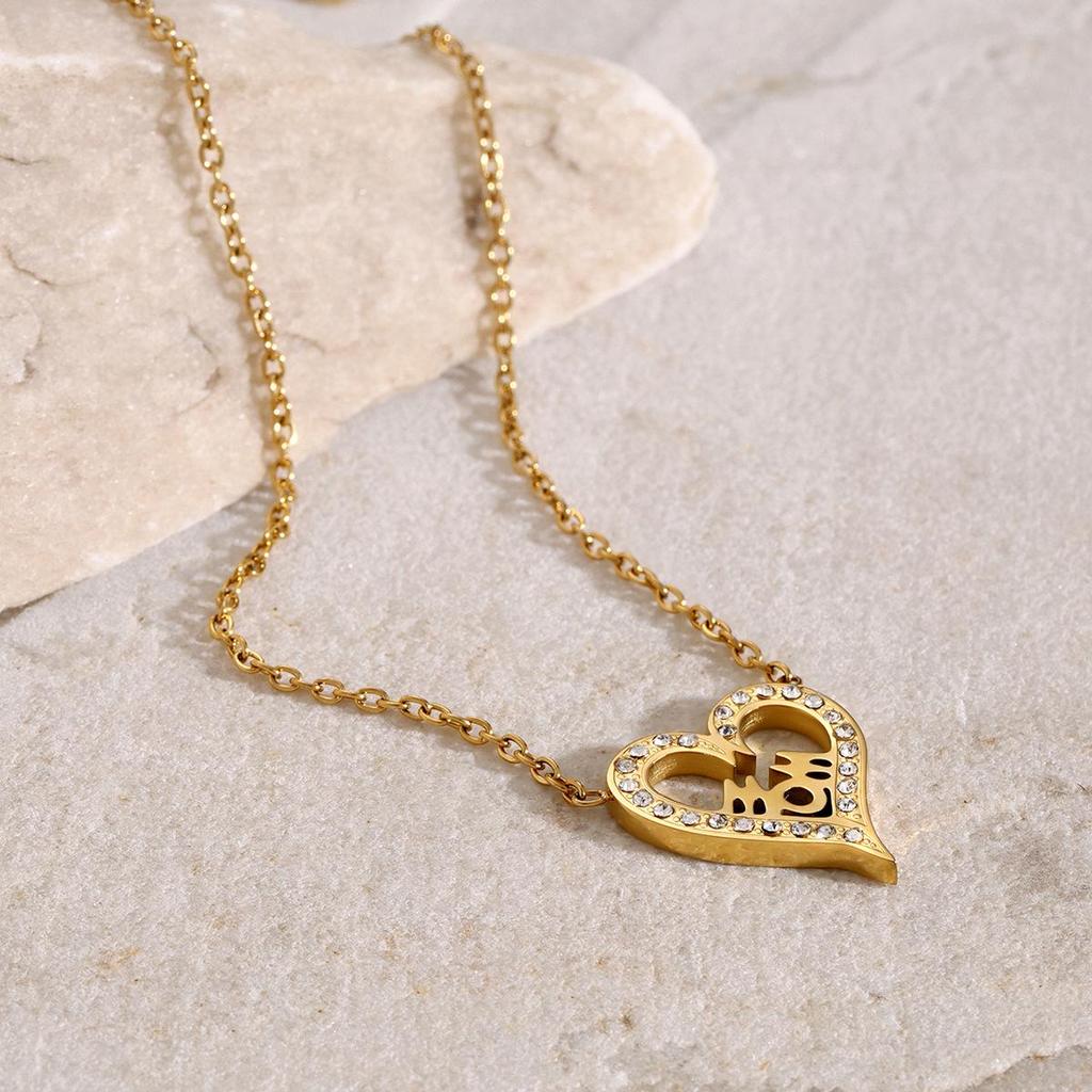 18k Gold Stainless Steel Heart MOM Necklace with Rhinestones, 45+5cm