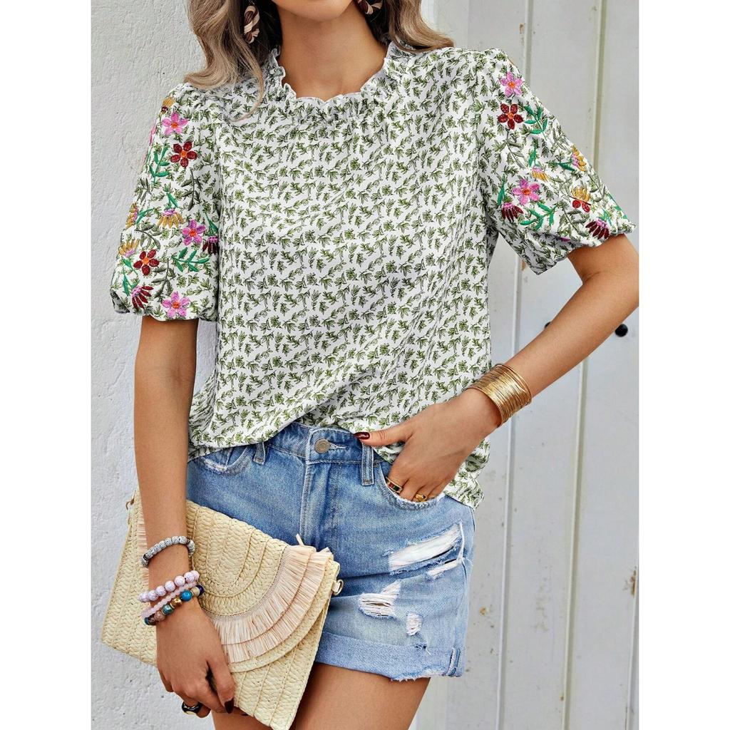 IHUASU Damen Sommer Bestickt Bedruckt Schnalle Welle Hoher Kragen Kurz Farbpassendes Top