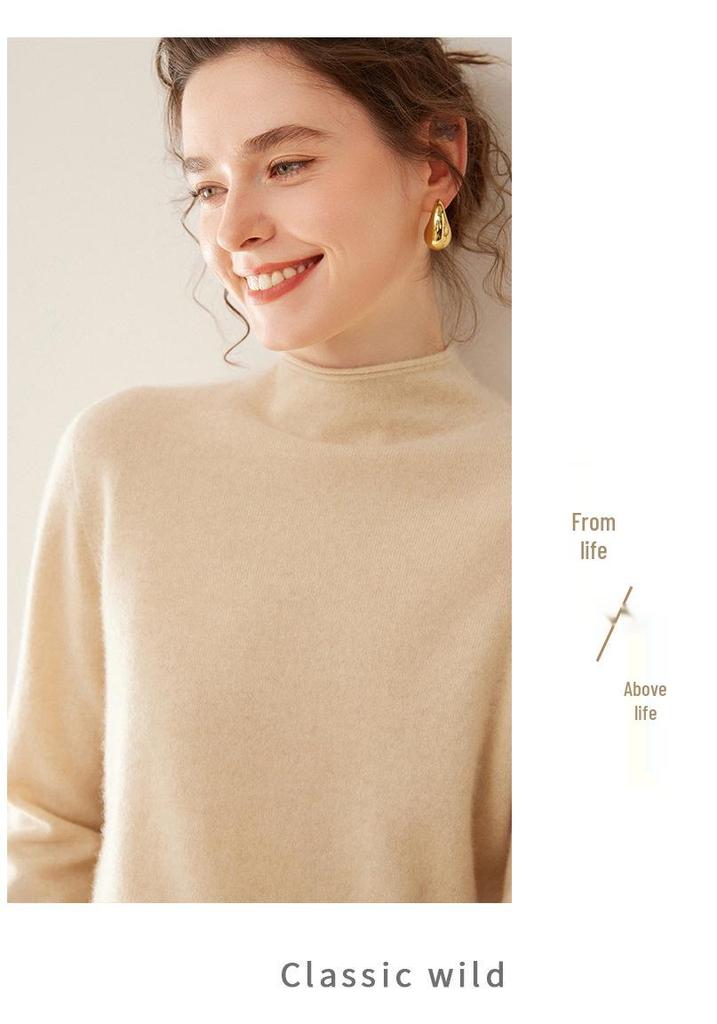 2025 Women's Autumn-Winter Pure Cashmere Half-High Neck Loose Knit Sweater Pullover