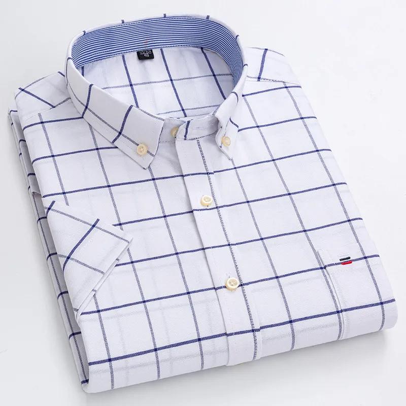 Camicia da Uomo in Cotone Oxford di Alta Qualità a Maniche Corte per l'Estate Comfort Traspirante Classica Tinta Unita a Quadri Business Tempo Libero