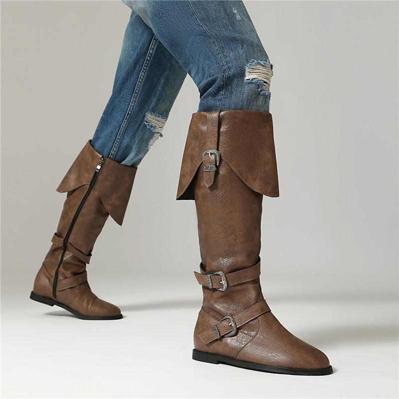Women's Flat Boots Autumn and Winter New Solid Color Belt Buckle Decorative Large Size Roman Medium Boots