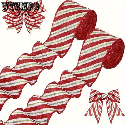 2 Rollen Weihnachten Glitzer Drahtkantenband Set Klassisches Rot & Grün Gestreiftes Polyesterband für Feiertagsdekorationen Ideal zum Geschenkverpacken DIY-Basteln