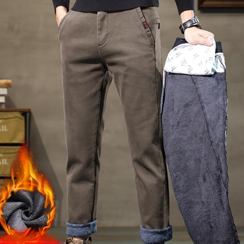 Zimní fleecové zateplené kalhoty Pánské Business Slim Fit Stretch Husté Šedá Khaki Fluff Ležérní Módní Kalhoty Pánské