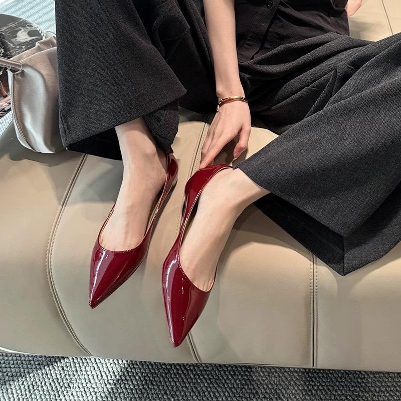 [Star same style | Mute series] Inner increase 2CM patent leather single shoes nude high heels burgundy soft leather commuting