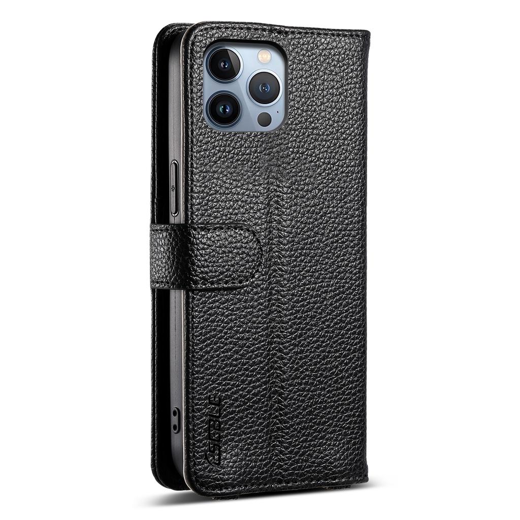 ESEBLE E11 For iPhone 14 Pro Case Zipper Pocket Litchi Texture Leather Phone Cover with Mirror and Wrist Strap