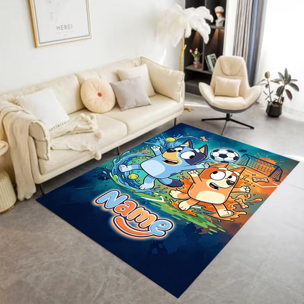 Bluey Soccer Adventure Personalized Text Floor Mat Perfect for Entryway Outdoor Playrooms Dining Room Antislip Carpet Decorate Offices