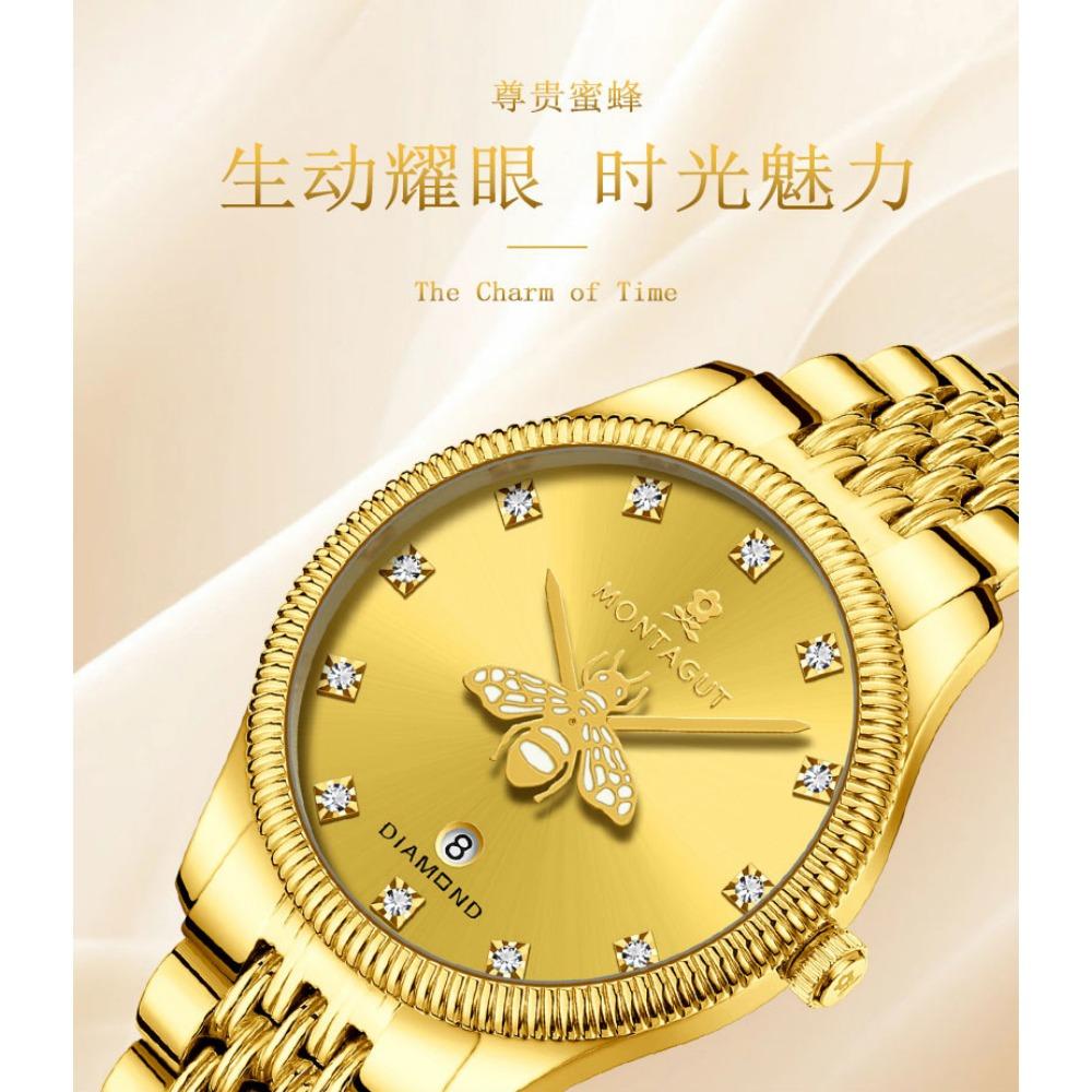 Women Quartz Wrist Watch Bee Dial Rhinestone Decor Date Window Elegant Stainless Steel Wristwatch